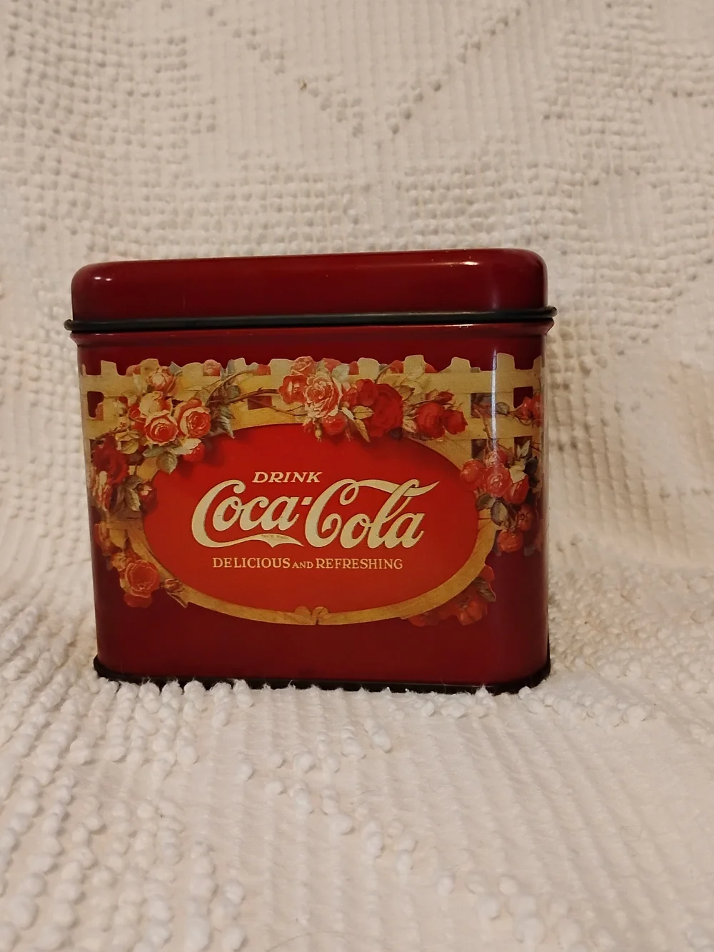 Coca-Cola Coke Vintage 6 in. Square Tin Decor Woman Floral Logo